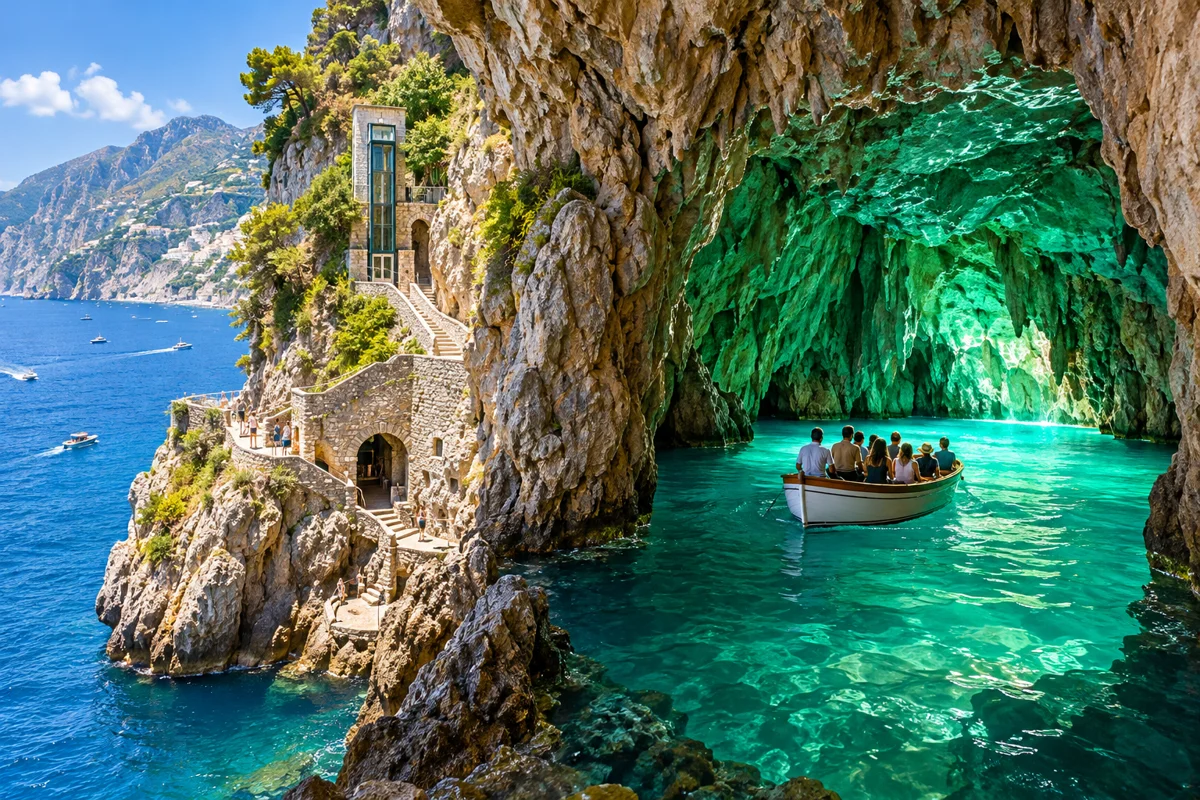 AI illustration inspired by Emerald Grotto (Grotta dello Smeraldo), Amalfi Coast