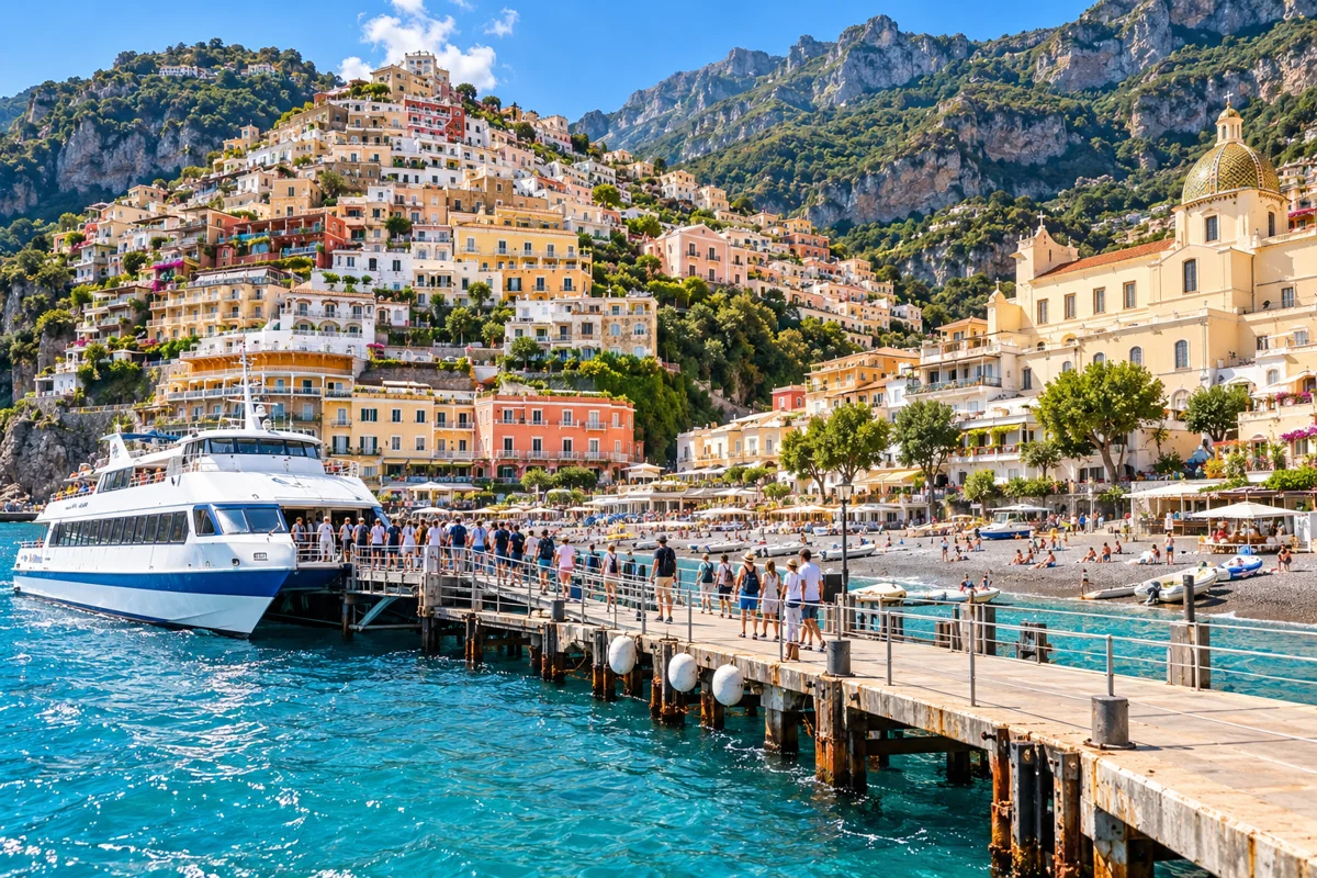 AI illustration inspired by Positano ferry jetty, Amalfi Coast