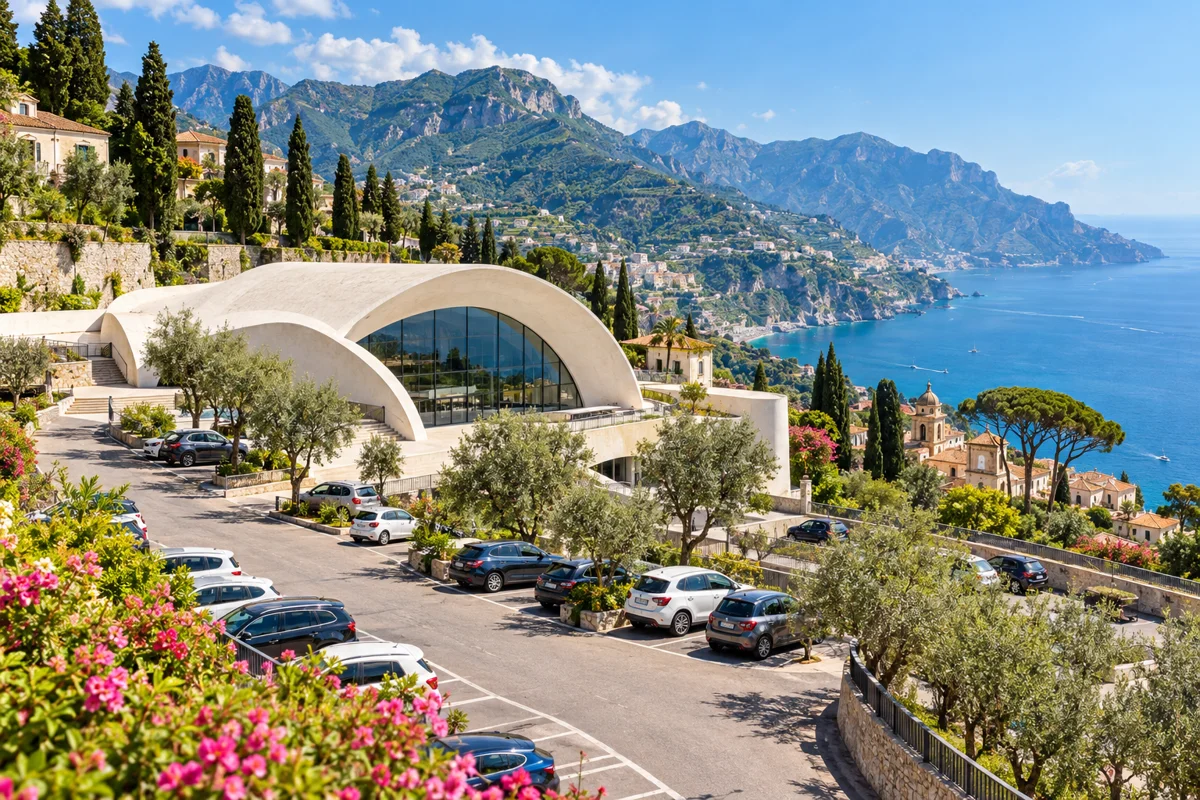 AI illustration inspired by Ravello Auditorium car park (Oscar Niemeyer), Amalfi Coast