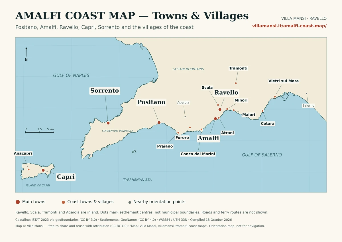Amalfi Coast map of towns and villages: Positano, Amalfi, Ravello, Capri and Sorrento highlighted, with Praiano, Furore, Conca dei Marini, Atrani, Scala, Minori, Maiori, Tramonti, Cetara, Vietri sul Mare and Anacapri.