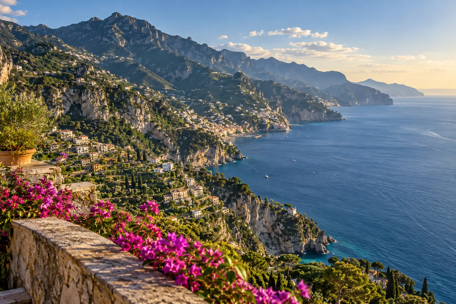 Cliffs, terraced villages and the blue sea of the Amalfi Coast seen from a flowering terrace